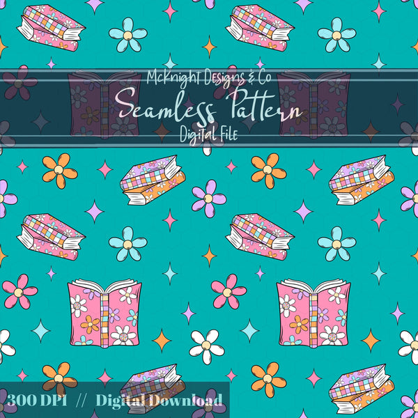 Bookish Daisy Seamless Pattern – Retro 90s Floral Book Lover Design McKnight Designs & Co Seamless Pattern File