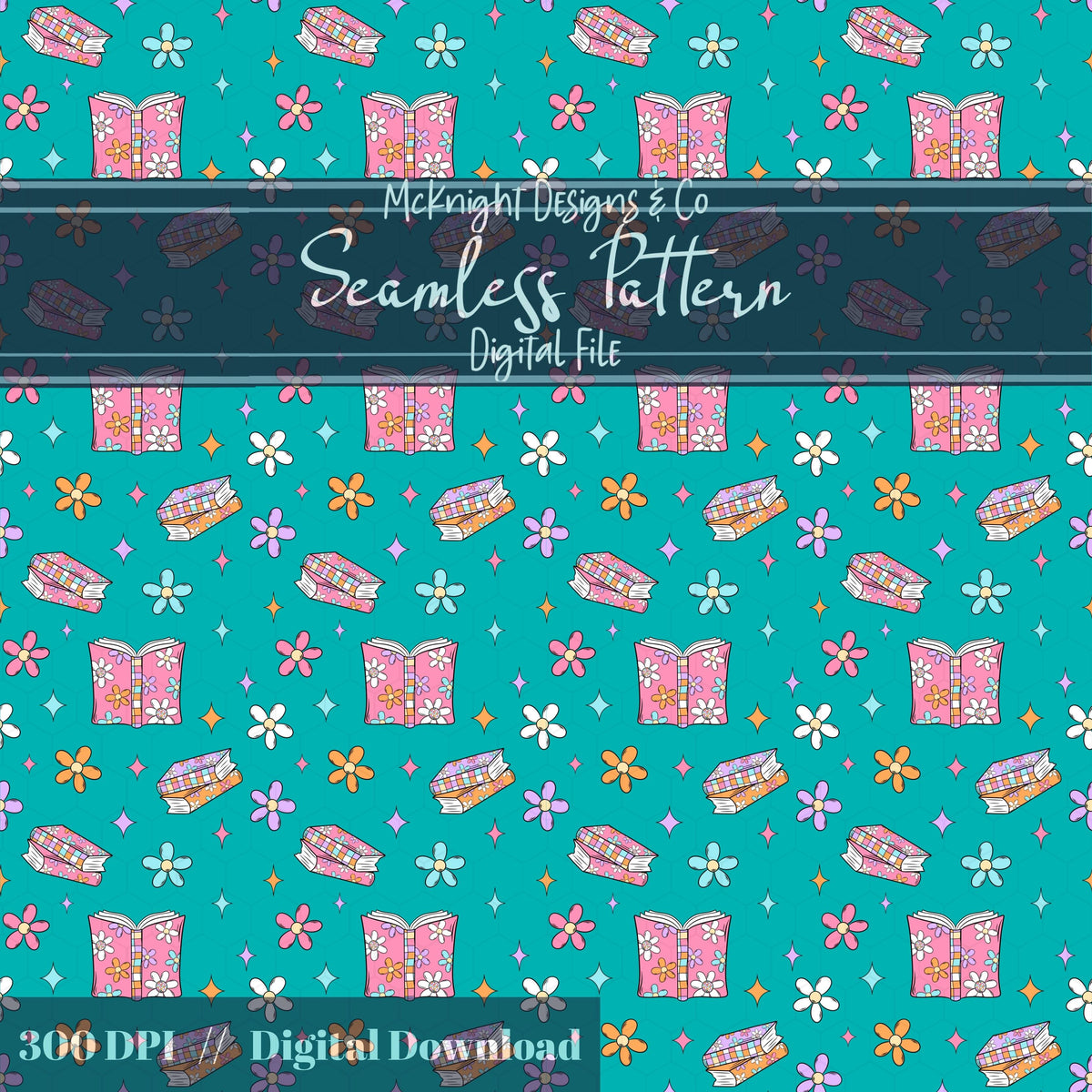 Bookish Daisy Seamless Pattern – Retro 90s Floral Book Lover Design McKnight Designs & Co Seamless Pattern File