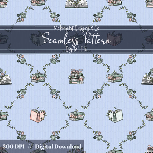 Bookish Seamless Pattern | Vintage Books & Floral Garland Repeat | Cottagecore Academia McKnight Designs & Co Seamless Pattern File