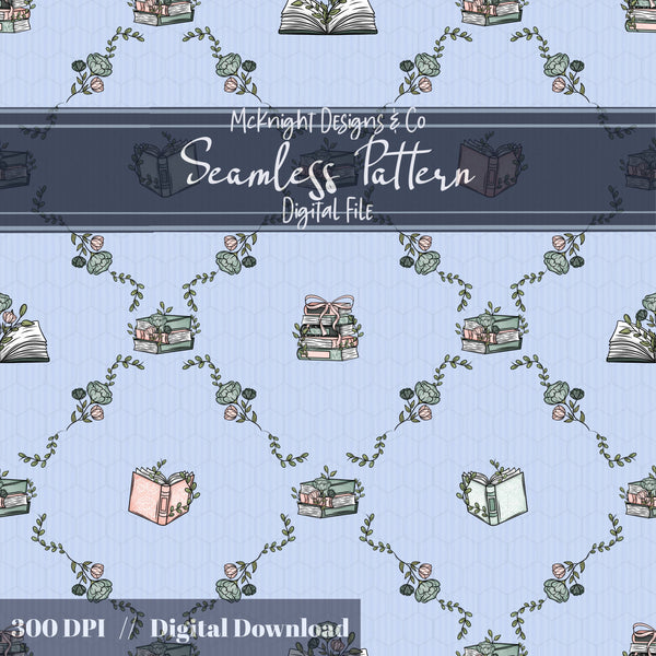Bookish Seamless Pattern | Vintage Books & Floral Garland Repeat | Cottagecore Academia McKnight Designs & Co Seamless Pattern File