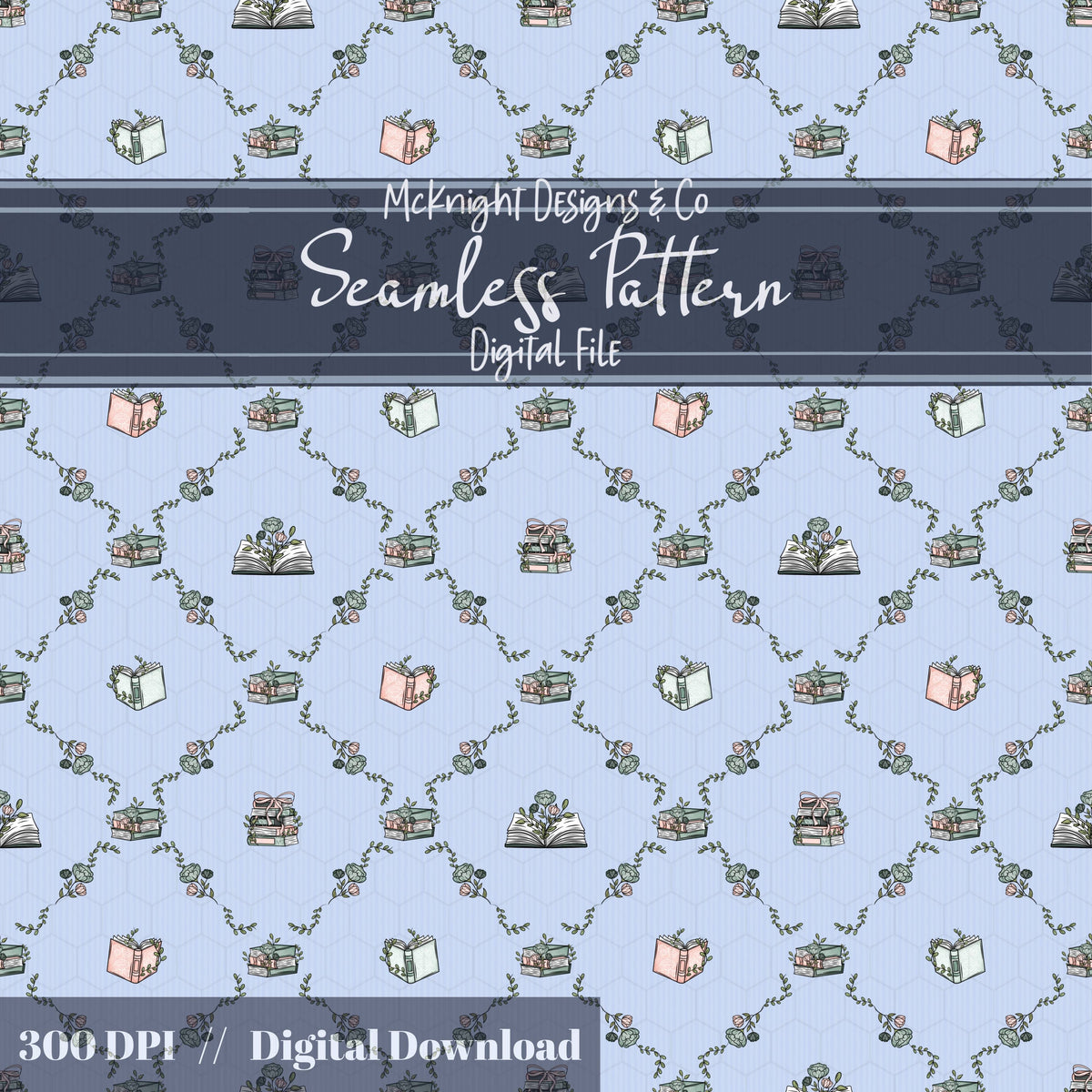 Bookish Seamless Pattern | Vintage Books & Floral Garland Repeat | Cottagecore Academia McKnight Designs & Co Seamless Pattern File