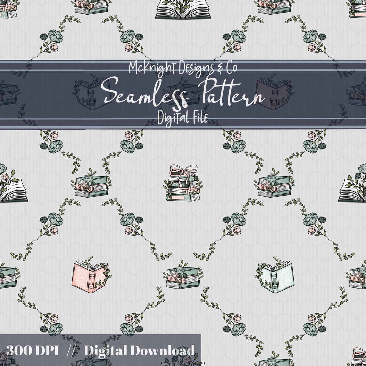 Bookish Seamless Pattern | Vintage Books & Floral Garland Repeat | Cottagecore Academia McKnight Designs & Co Seamless Pattern File