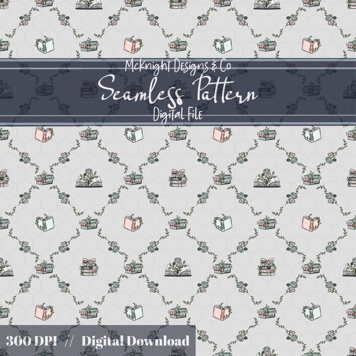 Bookish Seamless Pattern | Vintage Books & Floral Garland Repeat | Cottagecore Academia McKnight Designs & Co Seamless Pattern File