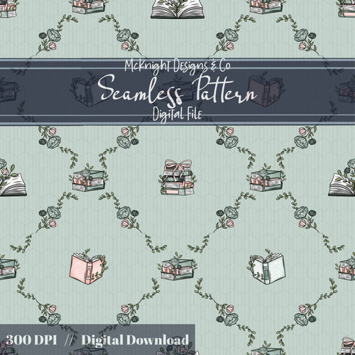 Bookish Seamless Pattern | Vintage Books & Floral Garland Repeat | Cottagecore Academia McKnight Designs & Co Seamless Pattern File