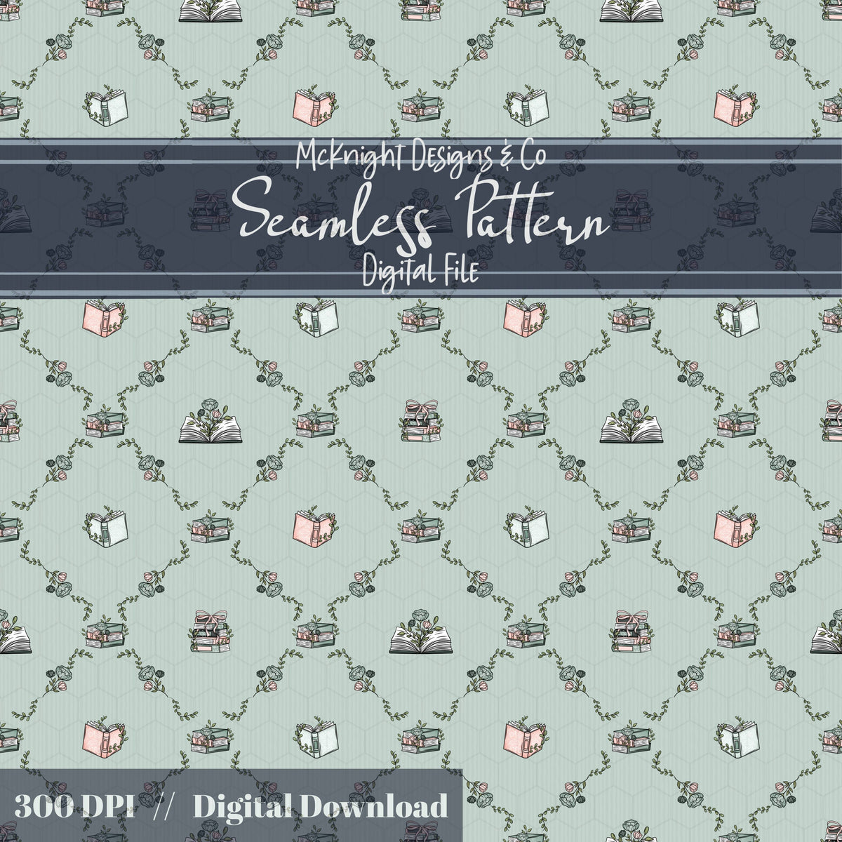 Bookish Seamless Pattern | Vintage Books & Floral Garland Repeat | Cottagecore Academia McKnight Designs & Co Seamless Pattern File