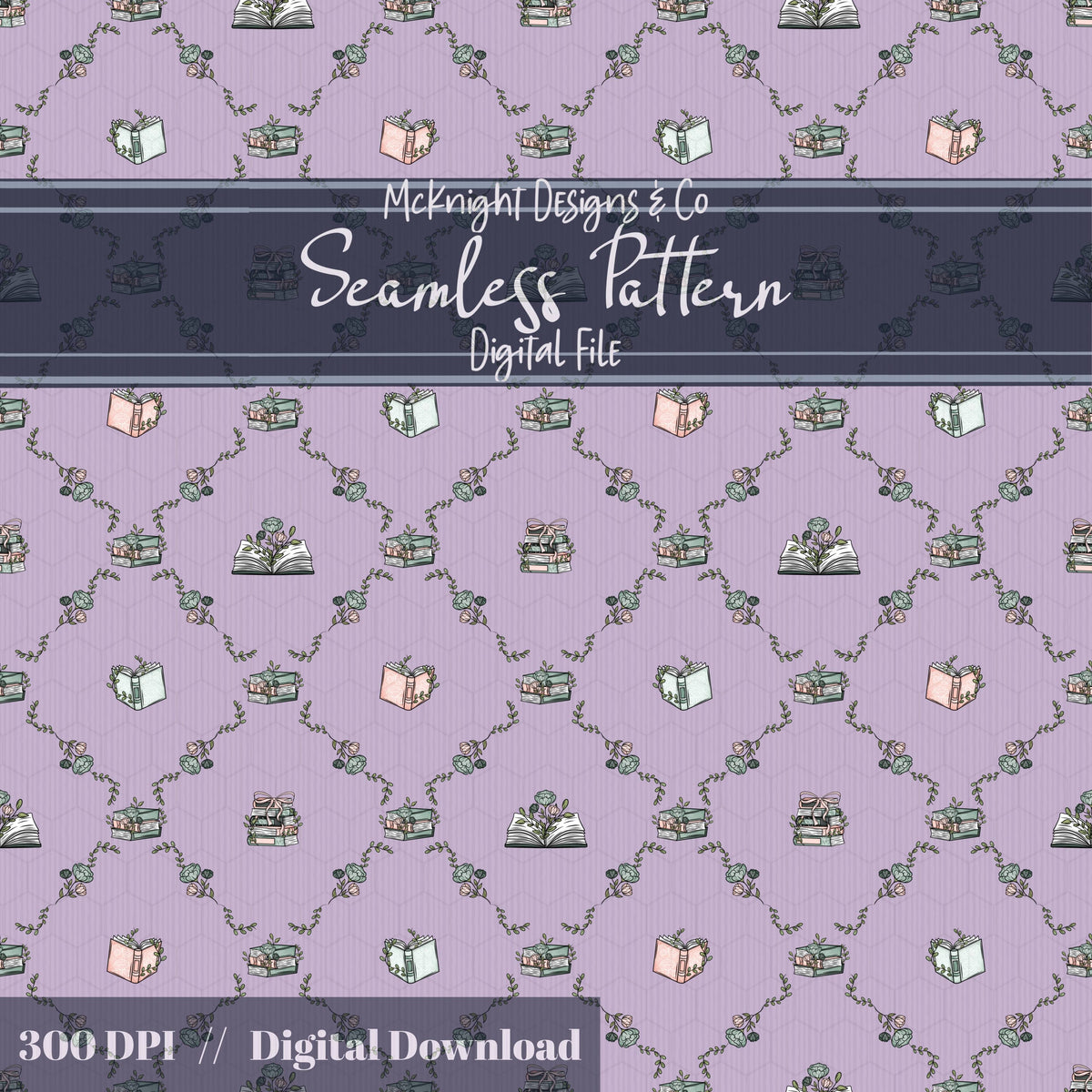 Bookish Seamless Pattern | Vintage Books & Floral Garland Repeat | Cottagecore Academia McKnight Designs & Co Seamless Pattern File