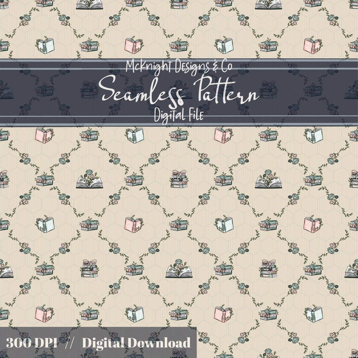 Bookish Seamless Pattern | Vintage Books & Floral Garland Repeat | Cottagecore Academia McKnight Designs & Co Seamless Pattern File