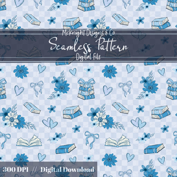 Bookish Love Seamless Pattern | Vintage Books Hearts & Florals | Cozy Romantic Digital Paper - McKnight Designs & Co