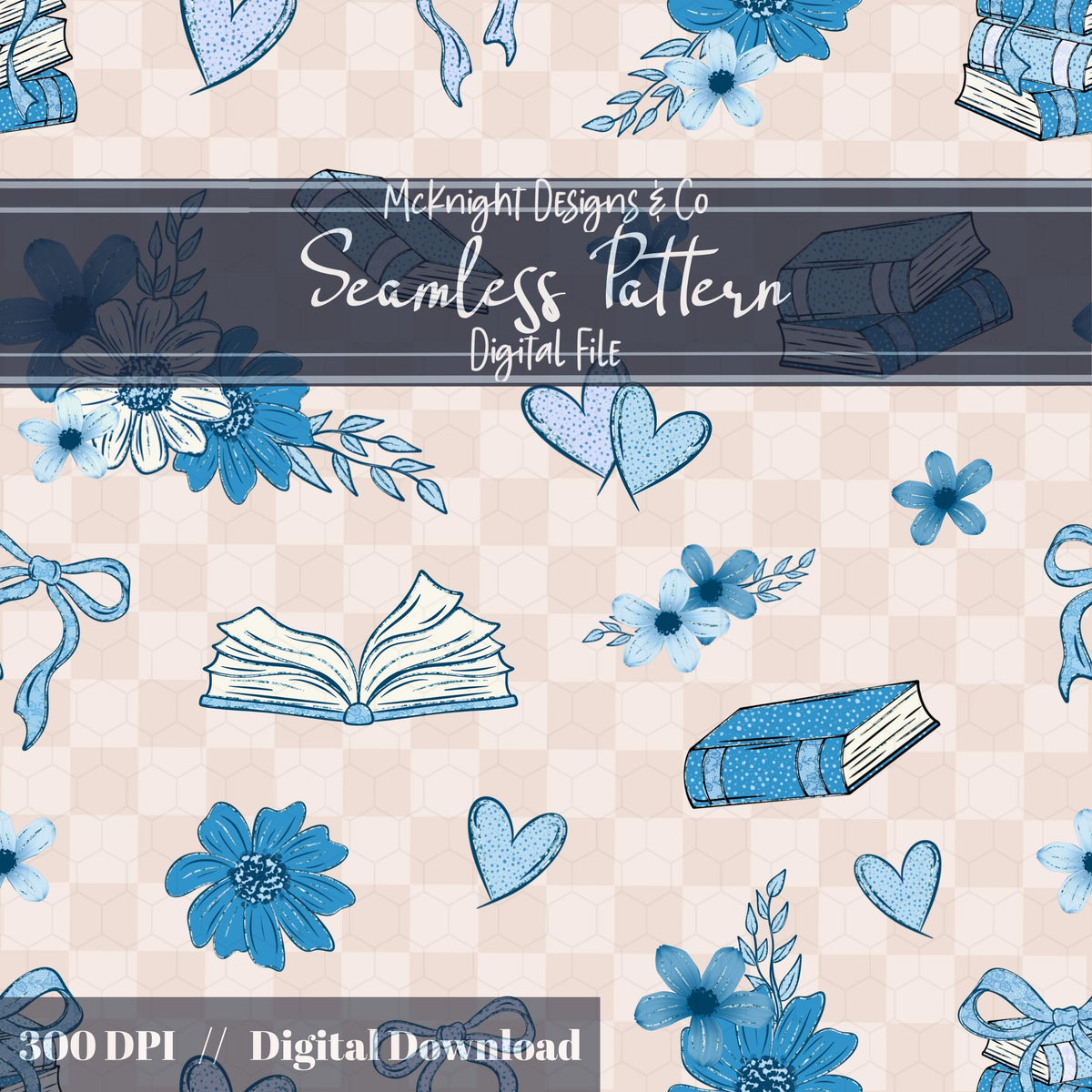 Bookish Love Seamless Pattern | Vintage Books Hearts & Florals | Cozy Romantic Digital Paper - McKnight Designs & Co