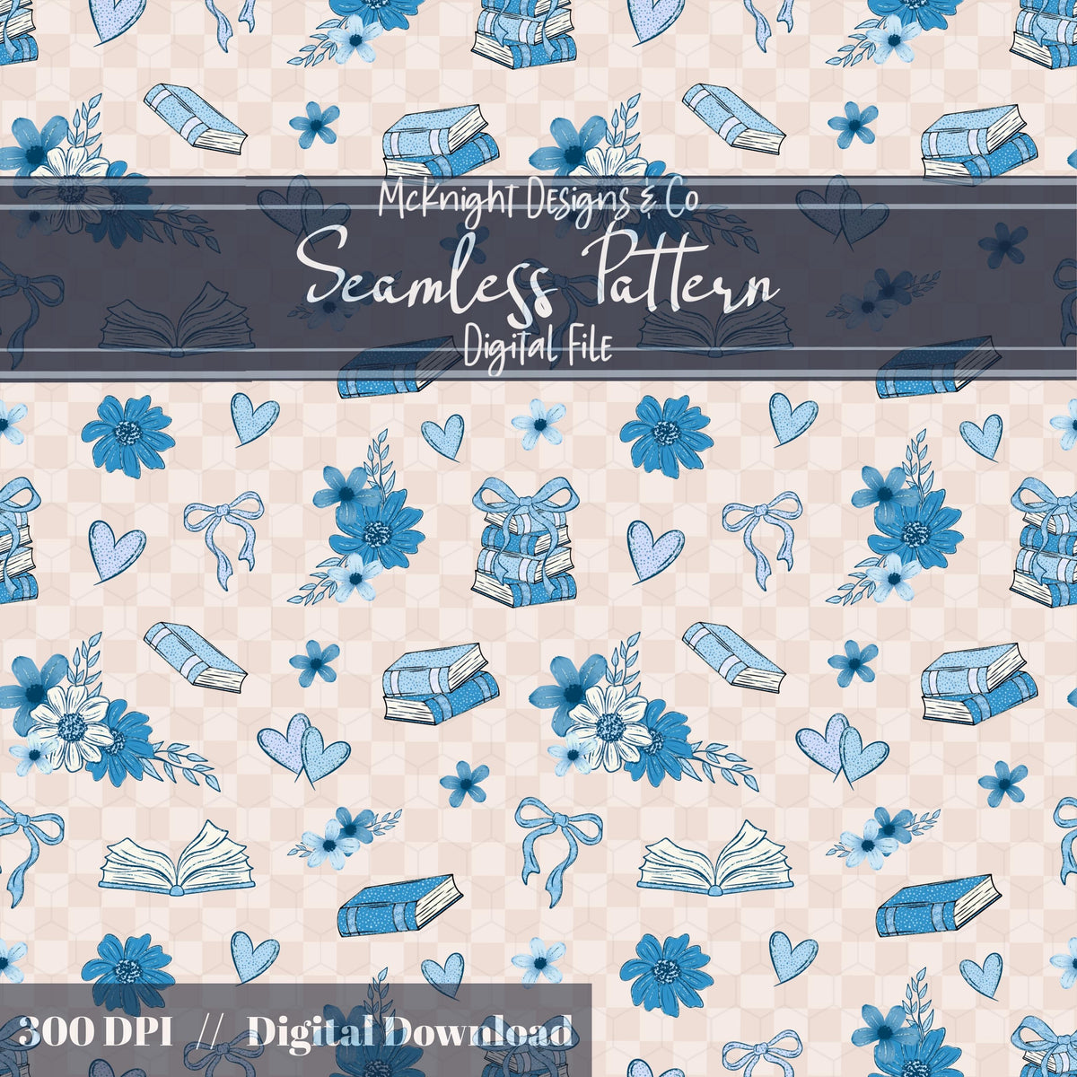 Bookish Love Seamless Pattern | Vintage Books Hearts & Florals | Cozy Romantic Digital Paper - McKnight Designs & Co