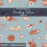 Bookish Love Seamless Pattern | Vintage Books Hearts & Florals | Cozy Romantic Digital Paper - McKnight Designs & Co