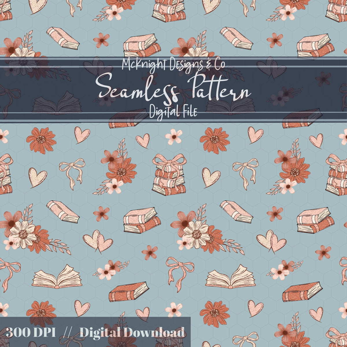 Bookish Love Seamless Pattern | Vintage Books Hearts & Florals | Cozy Romantic Digital Paper - McKnight Designs & Co