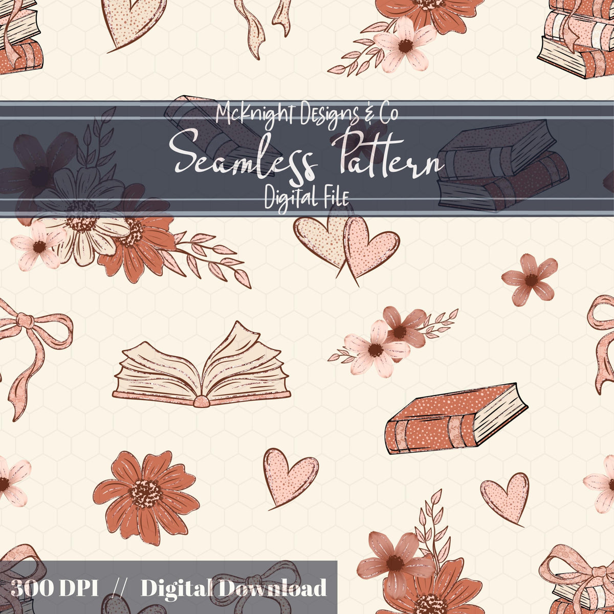 Bookish Love Seamless Pattern | Vintage Books Hearts & Florals | Cozy Romantic Digital Paper - McKnight Designs & Co