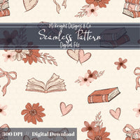 Bookish Love Seamless Pattern | Vintage Books Hearts & Florals | Cozy Romantic Digital Paper - McKnight Designs & Co