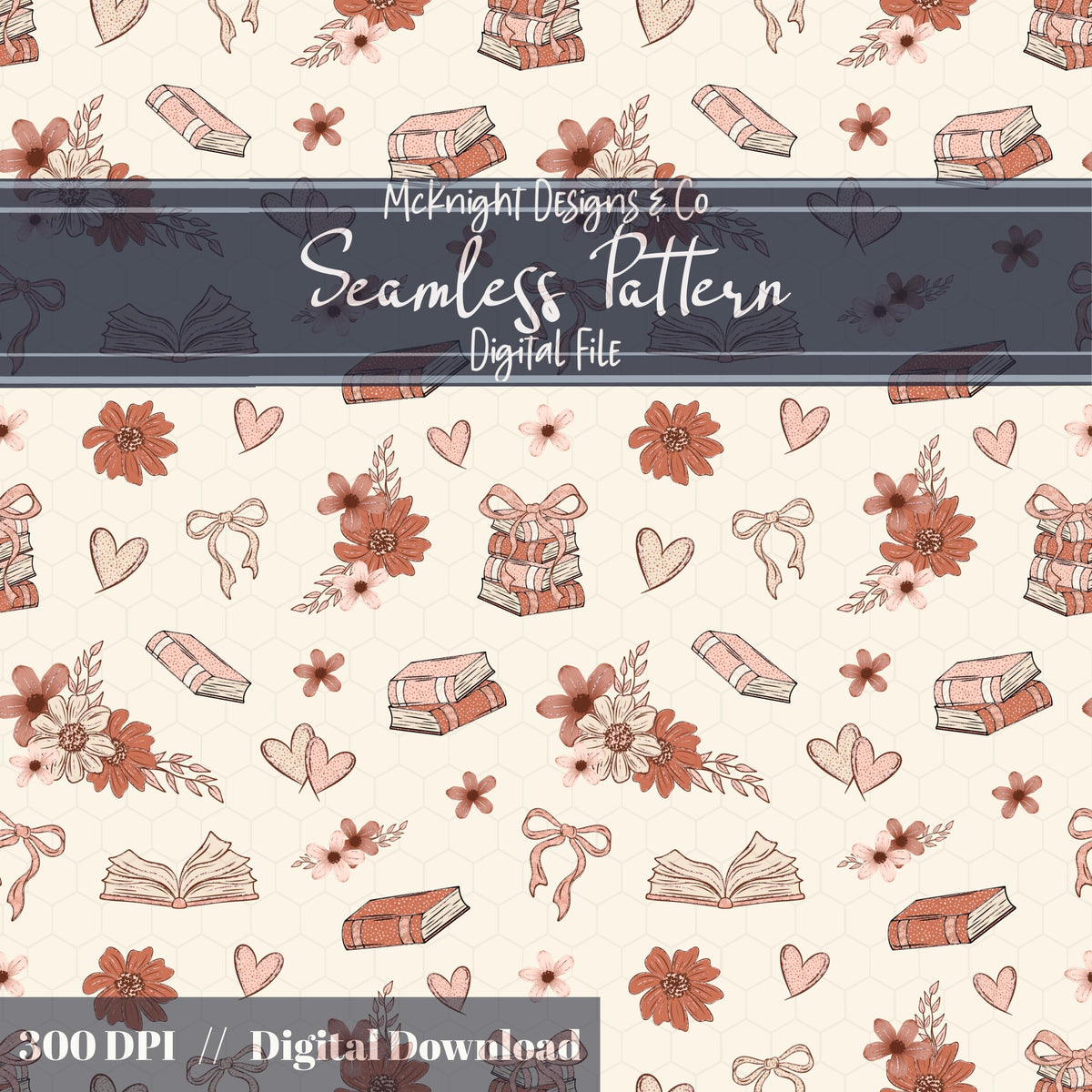 Bookish Love Seamless Pattern | Vintage Books Hearts & Florals | Cozy Romantic Digital Paper - McKnight Designs & Co
