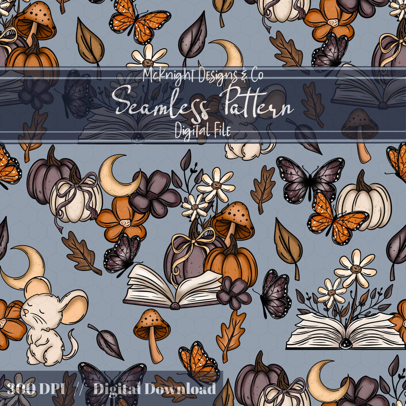 Bookish Cottagecore Fall Mouse Seamless Pattern - Pumpkin & Mushroom Floral Autumn McKnight Designs & Co Seamless Pattern File