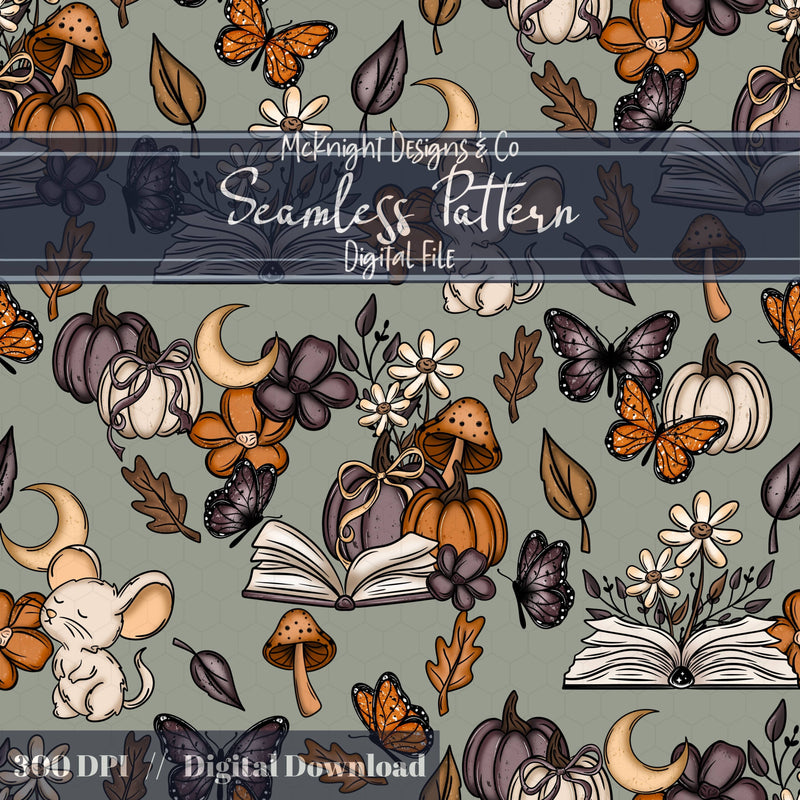 Bookish Cottagecore Fall Mouse Seamless Pattern - Pumpkin & Mushroom Floral Autumn McKnight Designs & Co Seamless Pattern File