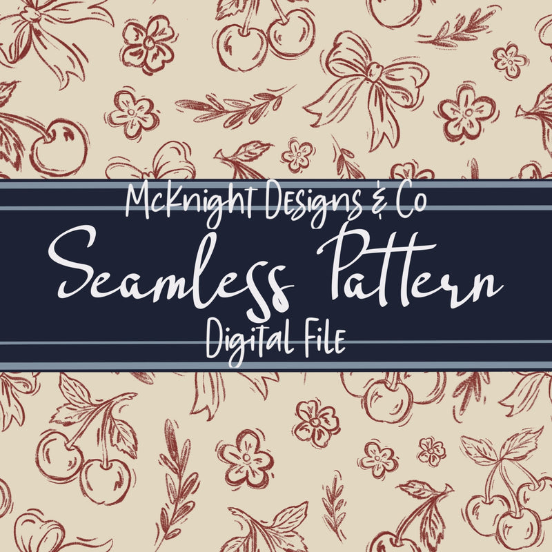 Cherry Bow Coquette Seamless Pattern – Hand-Drawn Aesthetic PNG McKnight Designs & Co Seamless Pattern File