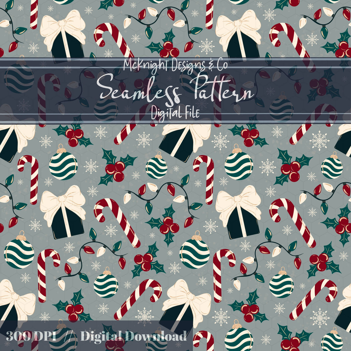 Muted Classic Christmas Seamless Pattern McKnight Designs & Co Seamless Pattern File Gray