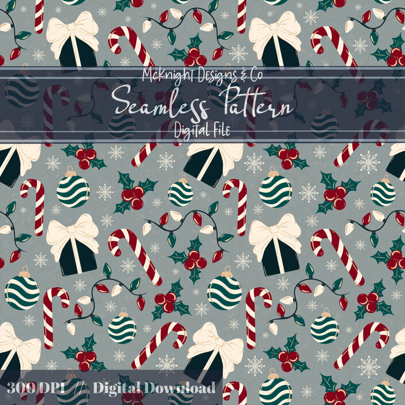 Muted Classic Christmas Seamless Pattern McKnight Designs & Co Seamless Pattern File Gray