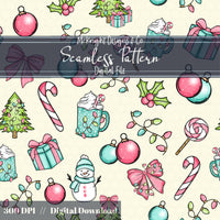 Pastel Christmas Seamless Pattern – Holiday Candy Cane, Bow & Ornament McKnight Designs & Co Seamless Pattern File Cream Pastel