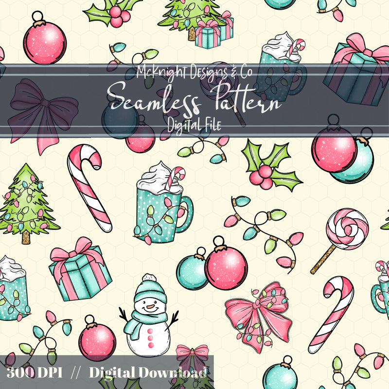 Pastel Christmas Seamless Pattern – Holiday Candy Cane, Bow & Ornament McKnight Designs & Co Seamless Pattern File Cream Pastel