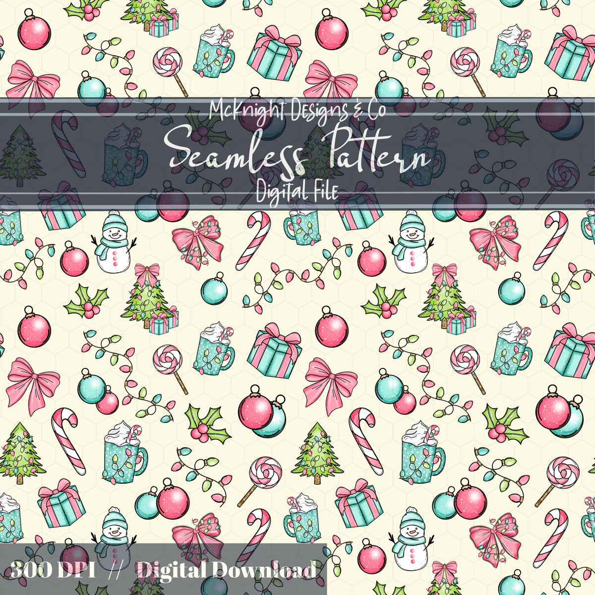 Pastel Christmas Seamless Pattern – Holiday Candy Cane, Bow & Ornament McKnight Designs & Co Seamless Pattern File