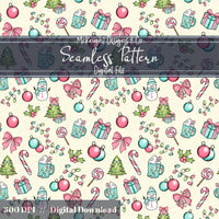 Pastel Christmas Seamless Pattern – Holiday Candy Cane, Bow & Ornament McKnight Designs & Co Seamless Pattern File