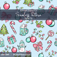 Pastel Christmas Seamless Pattern – Holiday Candy Cane, Bow & Ornament McKnight Designs & Co Seamless Pattern File Blue Pastel