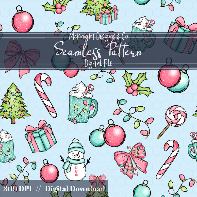 Pastel Christmas Seamless Pattern – Holiday Candy Cane, Bow & Ornament McKnight Designs & Co Seamless Pattern File Blue Pastel
