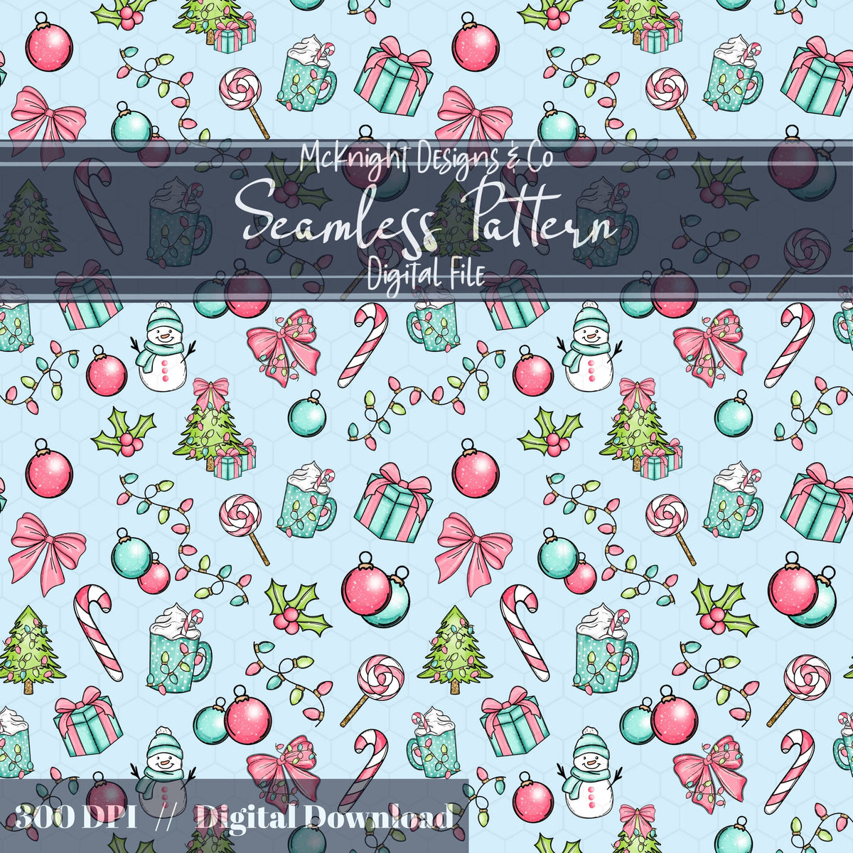Pastel Christmas Seamless Pattern – Holiday Candy Cane, Bow & Ornament McKnight Designs & Co Seamless Pattern File
