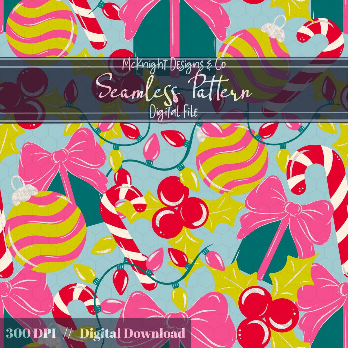 Christmas Girly Seamless Pattern - Ornaments & Presents McKnight Designs & Co Seamless Pattern File