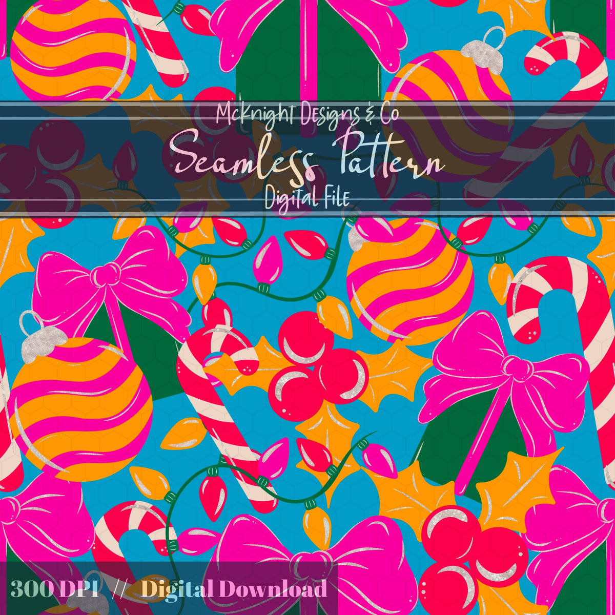 Christmas Girly Seamless Pattern - Ornaments & Presents McKnight Designs & Co Seamless Pattern File