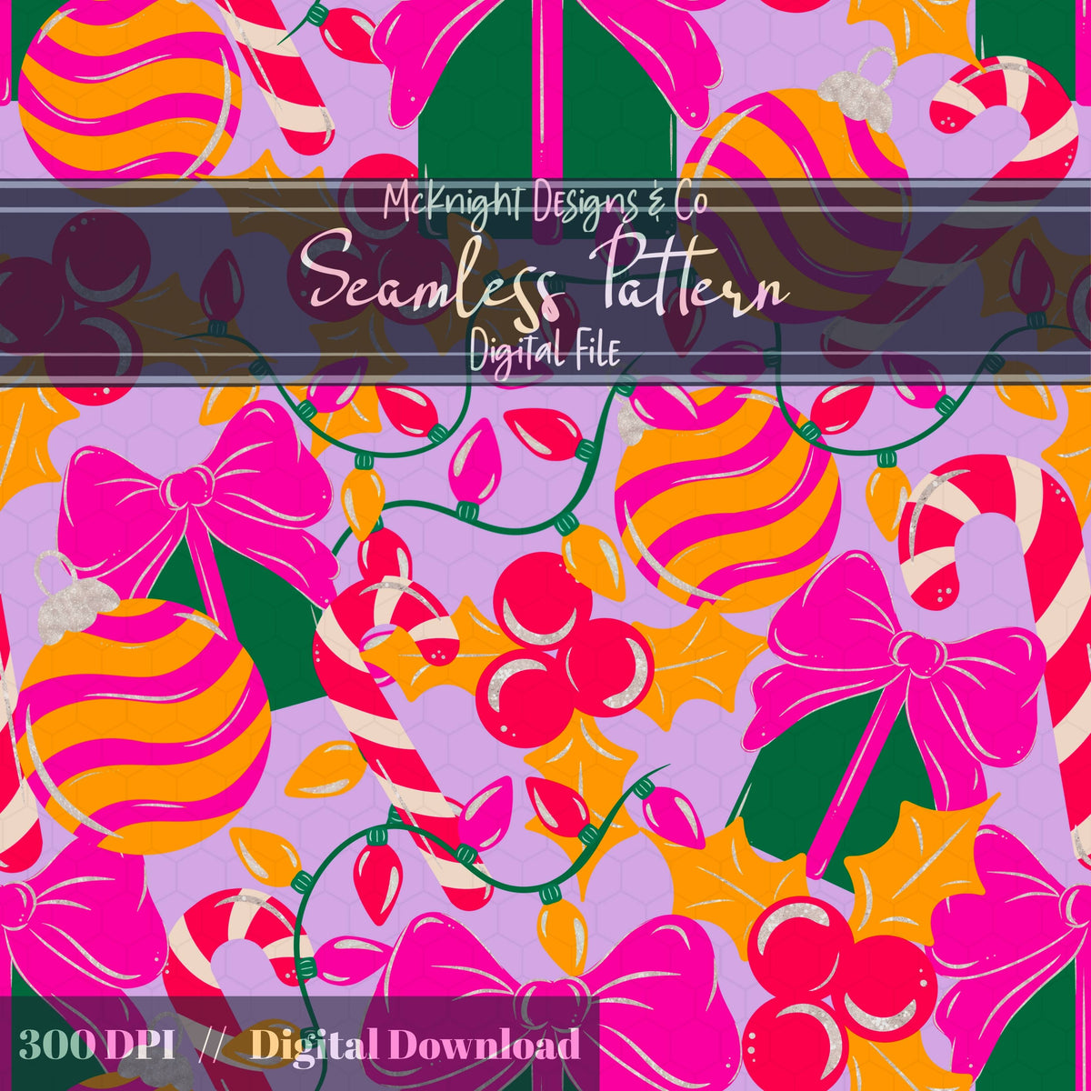 Christmas Girly Seamless Pattern - Ornaments & Presents McKnight Designs & Co Seamless Pattern File