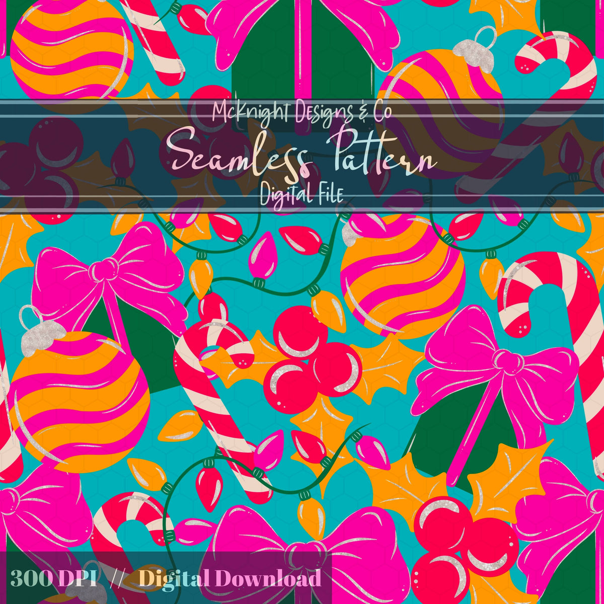 Christmas Girly Seamless Pattern - Ornaments & Presents McKnight Designs & Co Seamless Pattern File