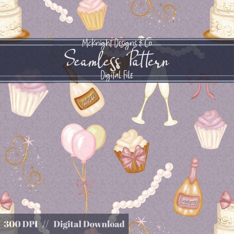 Coquette Celebration Seamless Pattern – Champagne, Cupcakes & Bows McKnight Designs & Co Seamless Pattern File