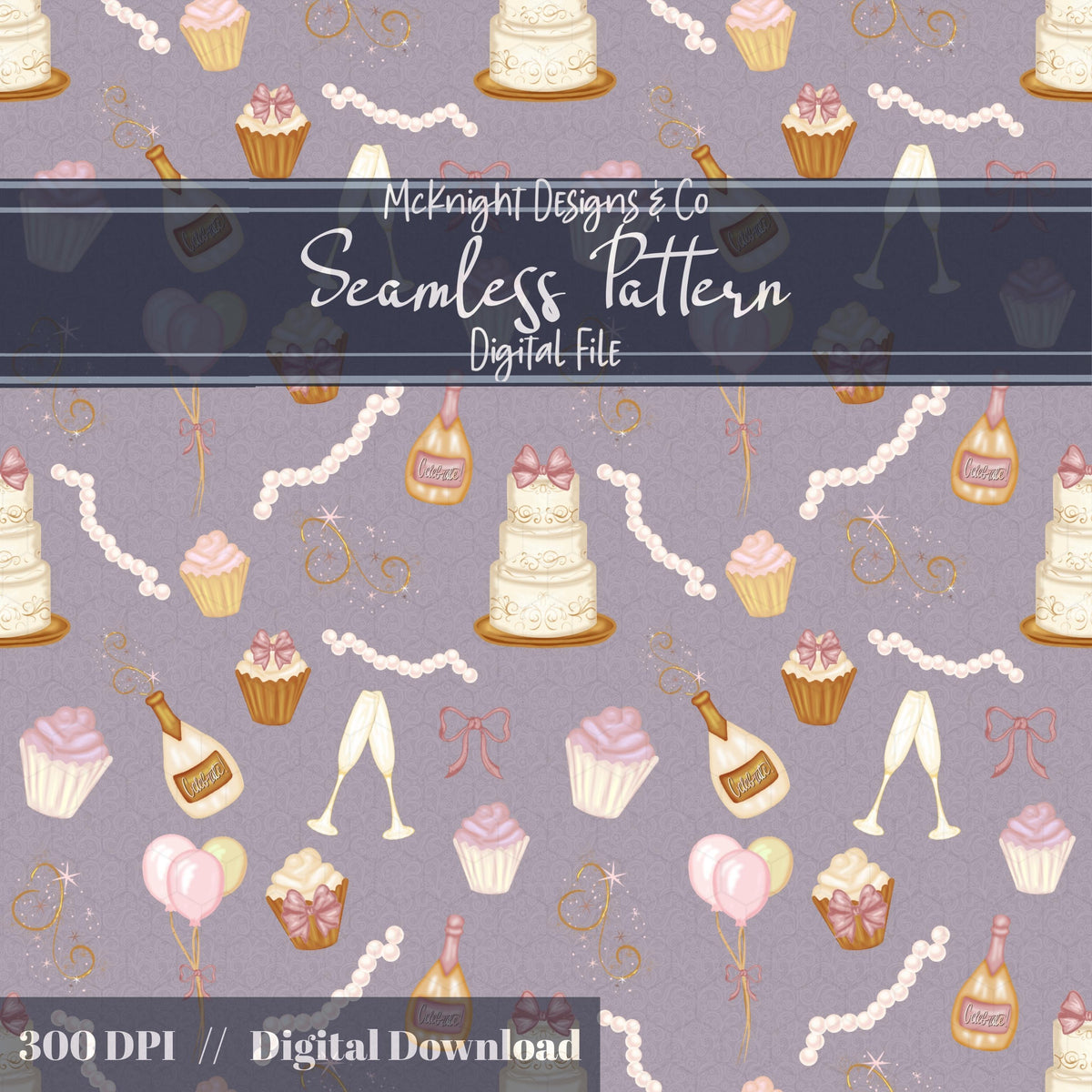 Coquette Celebration Seamless Pattern – Champagne, Cupcakes & Bows McKnight Designs & Co Seamless Pattern File