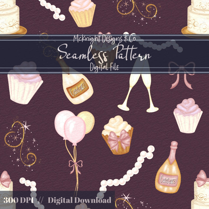 Coquette Celebration Seamless Pattern – Champagne, Cupcakes & Bows McKnight Designs & Co Seamless Pattern File