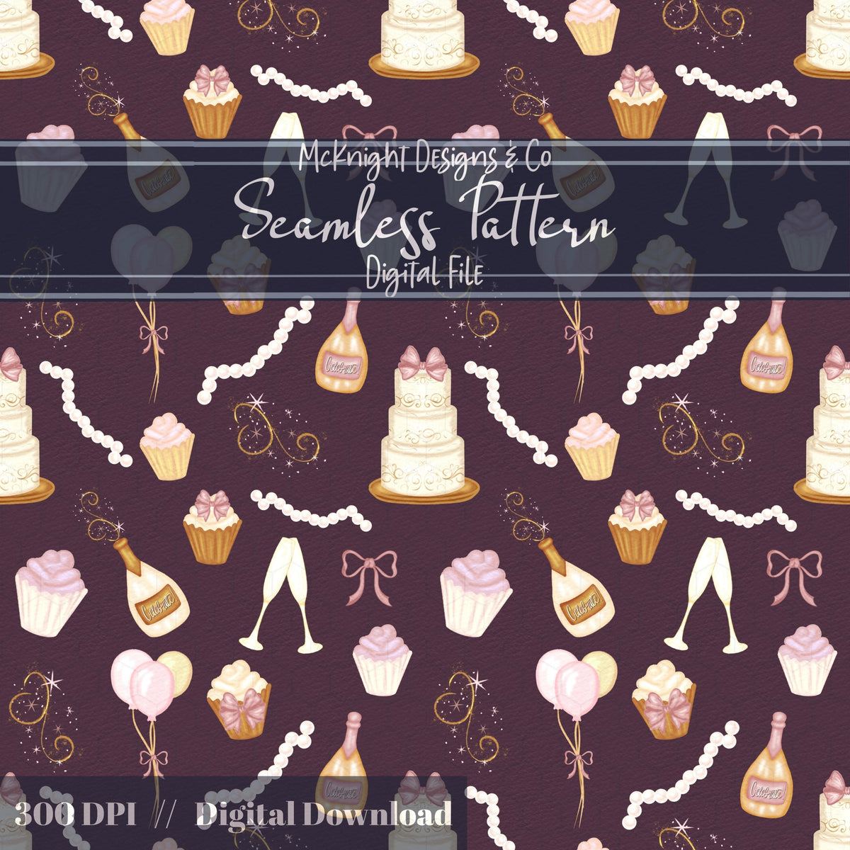 Coquette Celebration Seamless Pattern – Champagne, Cupcakes & Bows McKnight Designs & Co Seamless Pattern File