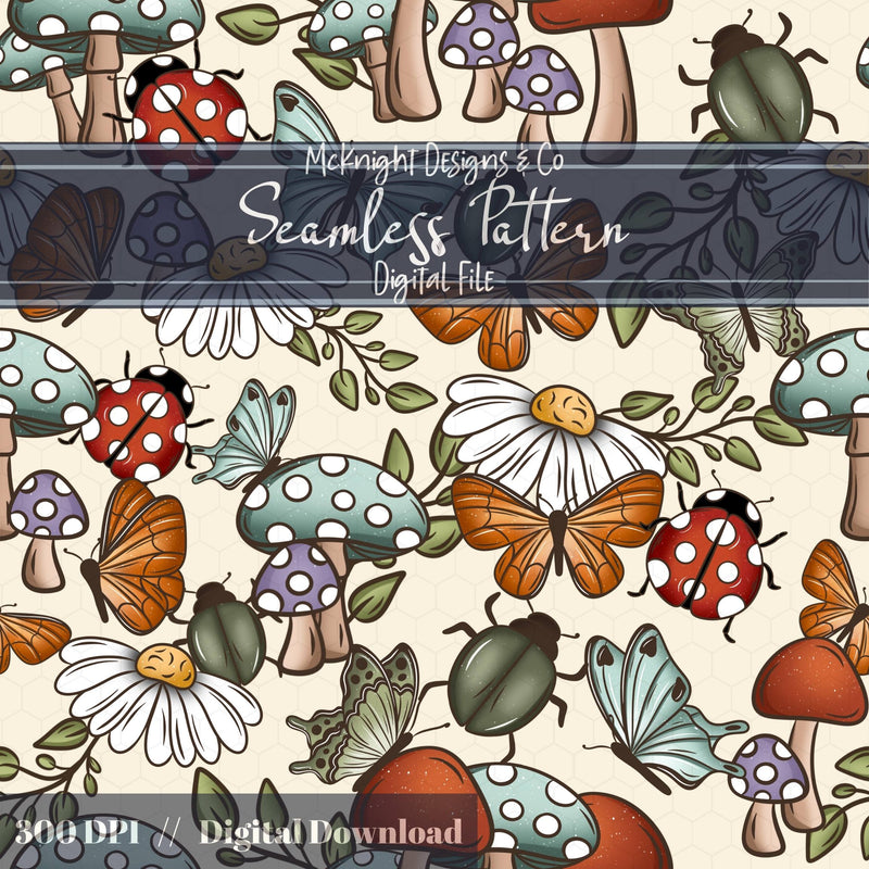 Cottagecore Mushroom & Butterfly Seamless Pattern – Cute Insects, Daisies, Toadstools McKnight Designs & Co Seamless Pattern File