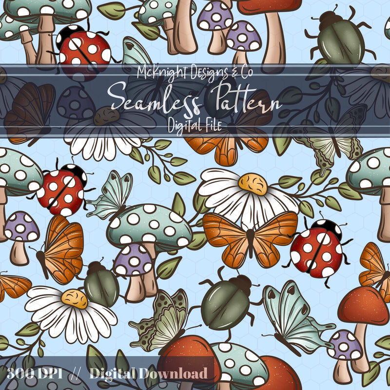 Cottagecore Mushroom & Butterfly Seamless Pattern – Cute Insects, Daisies, Toadstools McKnight Designs & Co Seamless Pattern File