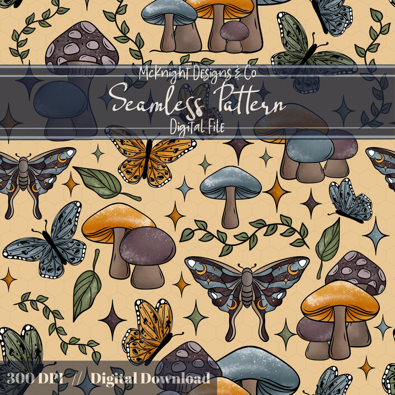 Mushroom & Moth Seamless Pattern – Cottagecore Mystical Nature Aesthetic McKnight Designs & Co Seamless Pattern File