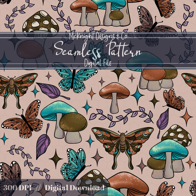 Mushroom & Moth Seamless Pattern – Cottagecore Mystical Nature Aesthetic McKnight Designs & Co Seamless Pattern File