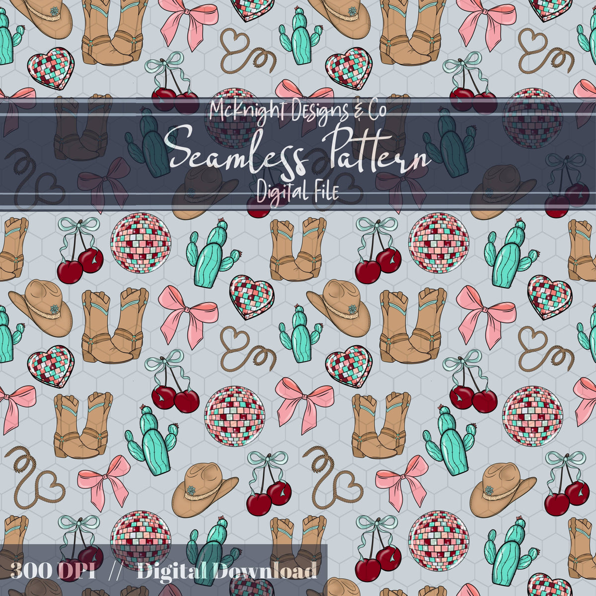 Cowgirl Disco Love Seamless Pattern | Hand Drawn Western Valentine Repeat | Digital Design McKnight Designs & Co Seamless Pattern File