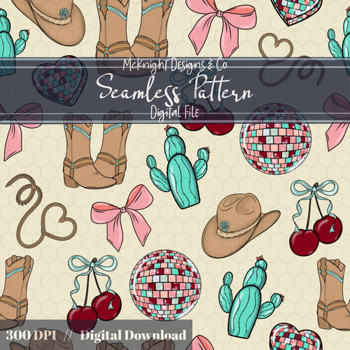 Cowgirl Disco Love Seamless Pattern | Hand Drawn Western Valentine Repeat | Digital Design McKnight Designs & Co Seamless Pattern File