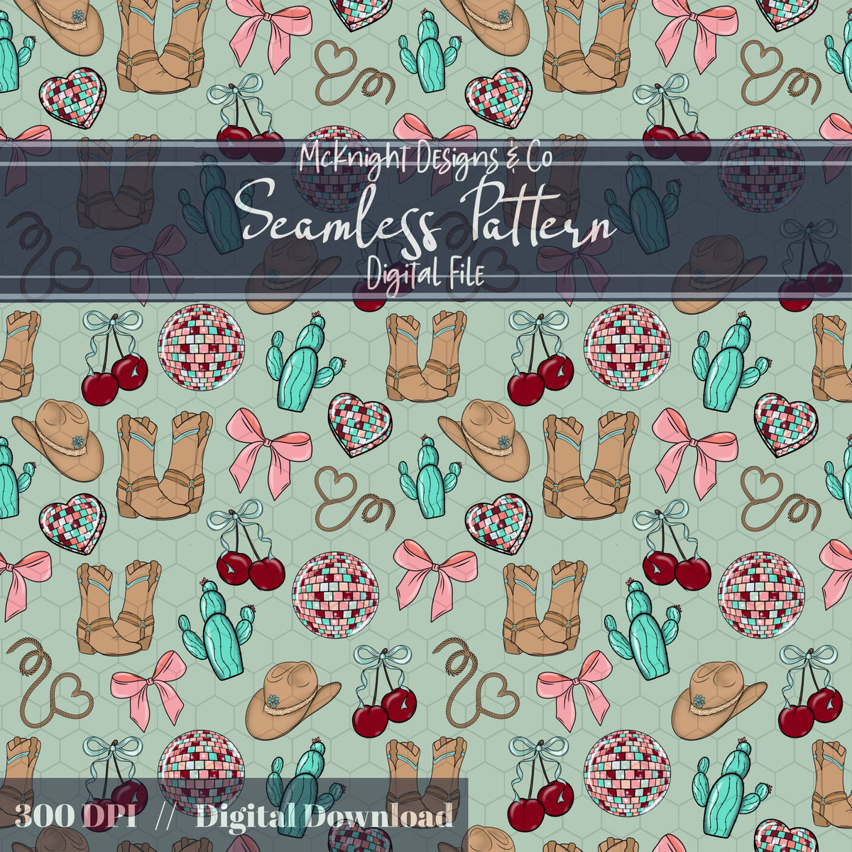 Cowgirl Disco Love Seamless Pattern | Hand Drawn Western Valentine Repeat | Digital Design McKnight Designs & Co Seamless Pattern File