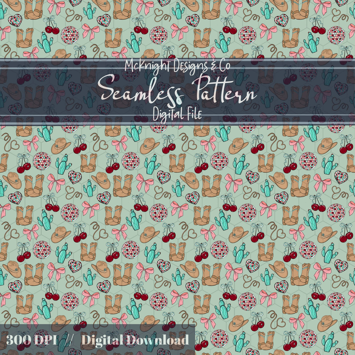Cowgirl Disco Love Seamless Pattern | Hand Drawn Western Valentine Repeat | Digital Design McKnight Designs & Co Seamless Pattern File