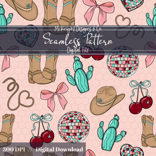 Cowgirl Disco Love Seamless Pattern | Hand Drawn Western Valentine Repeat | Digital Design McKnight Designs & Co Seamless Pattern File