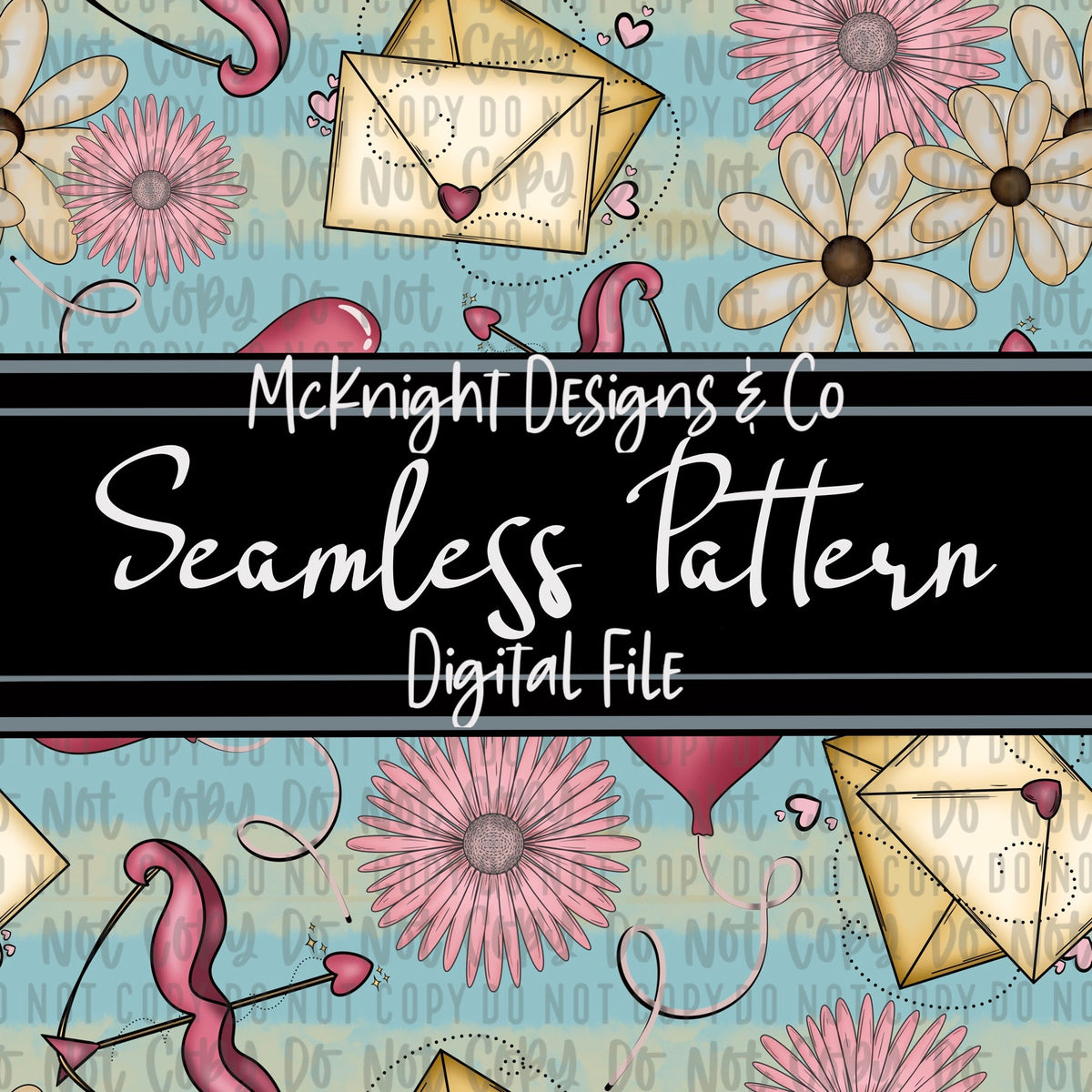 Cupid & Love Letters Seamless Pattern – Envelopes, Florals, Balloons & Bows on Cream Background for Fabric, Vinyl & Sublimation McKnight Designs & Co Seamless Pattern File