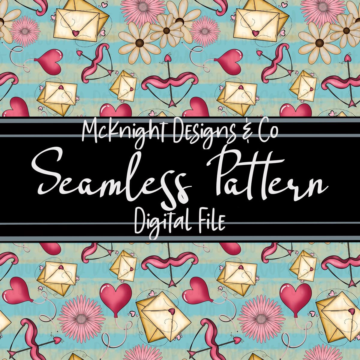 Cupid & Love Letters Seamless Pattern – Envelopes, Florals, Balloons & Bows on Cream Background for Fabric, Vinyl & Sublimation McKnight Designs & Co Seamless Pattern File Blue